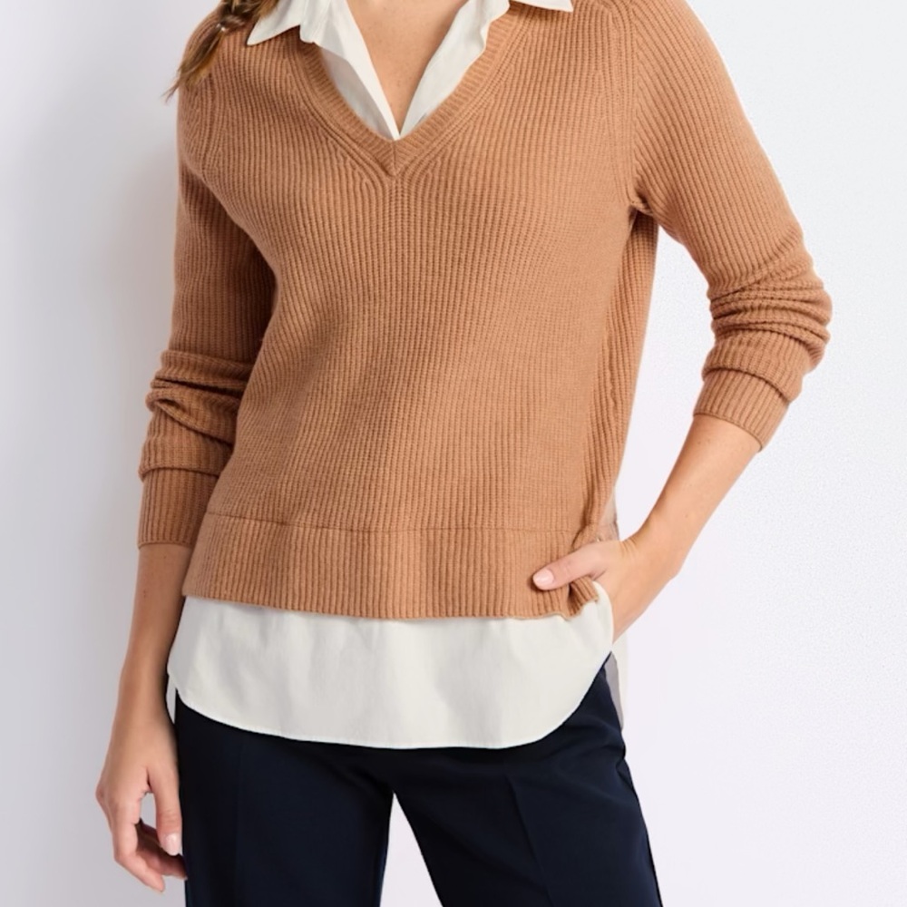 Tan V-Neck Knit Sweater Relaxed Fit